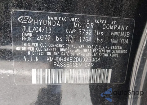 2013 Hyundai Elantra Gls/Limited из США, поврежденный, VIN KMHDH4AE2DU925904